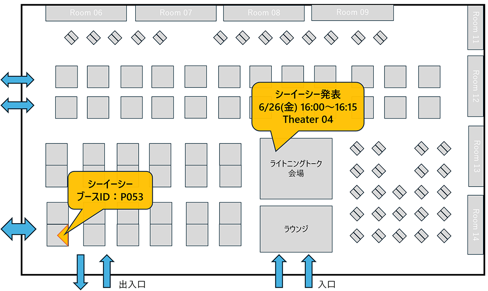 ブース定位置 シーイーシー発表 6/26（金） 16:00～16:15 Theater 04